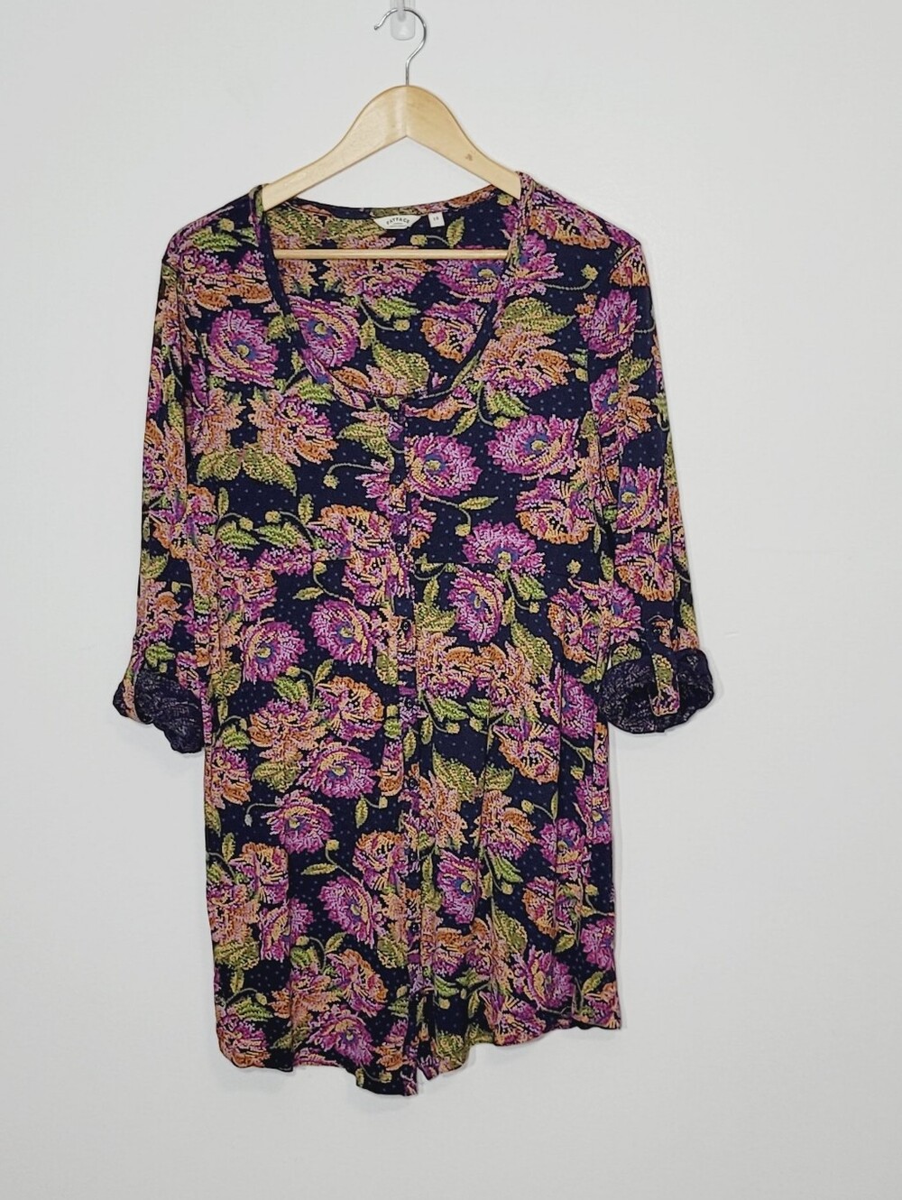 Fat Face Mulitcolor Floral Pattern Adjustable Sleeve Tunic Button Top Plus Size